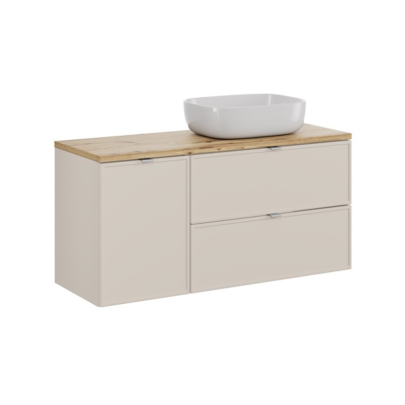 Set mobilier baie Bella Cashmere, MDF, PAL melaminat, cashmir mat, blat stejar artizan, L.120 cm, lavoar Smile 50, SET-BC B ARTISAN 120CM UN SMILE 50