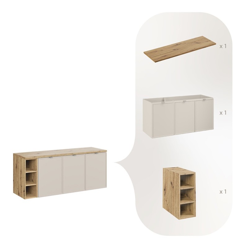 Set mobilier baie Bella Cashmere, MDF, PAL melaminat, cashmir mat, blat stejar artizan, L.140 cm, SET-BC B ARTISAN 140CM R