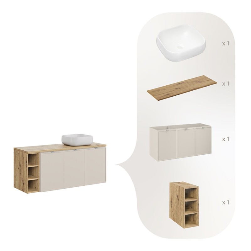 Set mobilier baie Bella Cashmere, MDF, PAL melaminat, cashmir mat, blat stejar artizan, L.140 cm, lavoar Nika, SET-BC B ARTISAN 140CM UN NIKA WH