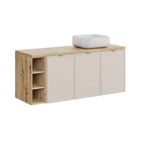 Set mobilier baie Bella Cashmere, MDF, PAL melaminat, cashmir mat, blat stejar artizan, L.140 cm, lavoar Nika, SET-BC B ARTISAN 140CM UN NIKA WH