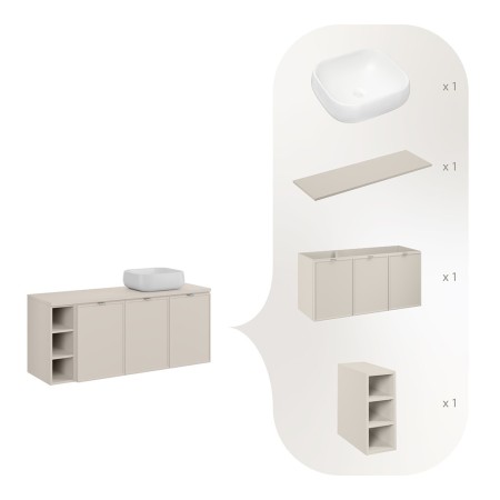 Set mobilier baie Bella Cashmere, MDF, PAL melaminat, cashmir mat, blat cashmir mat, L.140 cm, lavoar Nika, SET-BC B CASHMERE 140CM UN NIKA WH