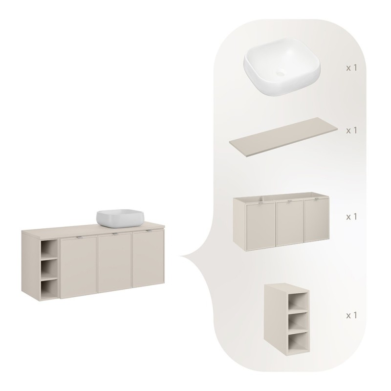 Set mobilier baie Bella Cashmere, MDF, PAL melaminat, cashmir mat, blat cashmir mat, L.140 cm, lavoar Nika, SET-BC B CASHMERE 140CM UN NIKA WH