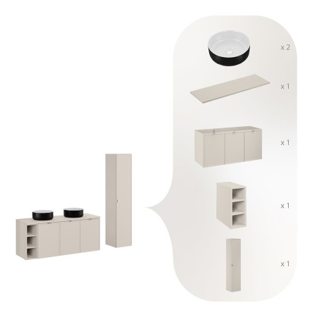 Set mobilier baie Bella Cashmere, MDF, PAL melaminat, cashmir mat, blat cashmir mat, L.140 cm, lavoare Simple, dulap inalt 140 cm, SET-BC B CASHMERE 140CM UN SIMPLE HC1D