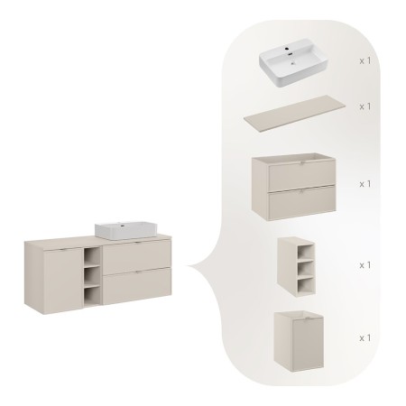 Set mobilier baie Bella Cashmere, MDF, PAL melaminat, cashmir mat, blat cashmir mat, L.140 cm, lavoar Trust, SET-BC B CASHMERE 140CM UN TRUST WH