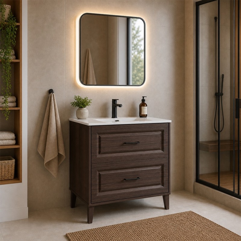 Set mobilier de baie Dorothy Ristretto, MDF, PAL melaminat, stejar ristretto, lavoar GO, L.80 cm, SET-DOR 80CM GO