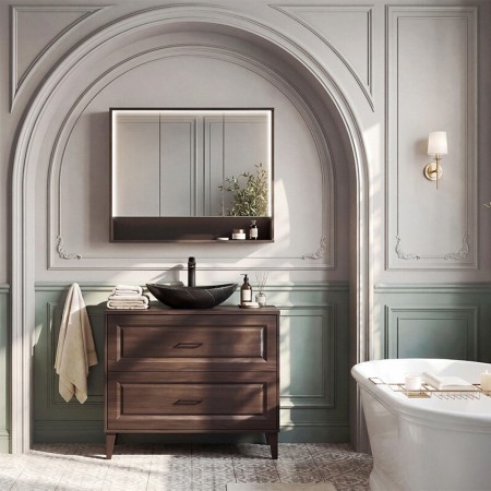 Set mobilier de baie Dorothy Ristretto, MDF, PAL melaminat, stejar ristretto, lavoar Lena, L.100 cm, SET-DOR B 100CM UN LENA