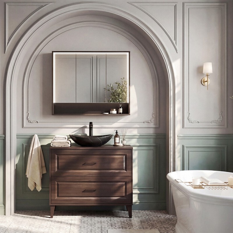 Set mobilier de baie Dorothy Ristretto, MDF, PAL melaminat, stejar ristretto, lavoar Lena, L.100 cm, SET-DOR B 100CM UN LENA