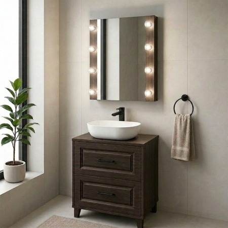 Set mobilier de baie Dorothy Ristretto, MDF, PAL melaminat, stejar ristretto, blat stejar ristretto, L.80 cm, oglinda LED, SET-DOR B 80CM MC