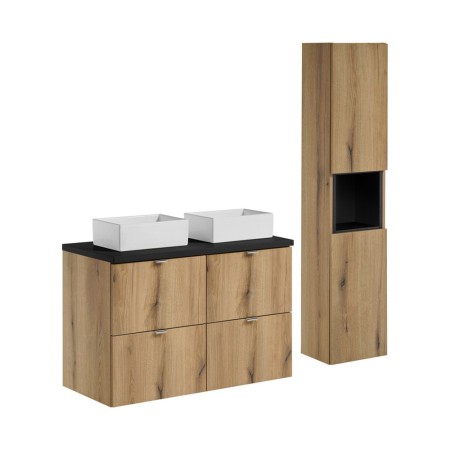 Set mobilier de baie Nova Oak, PAL melaminat, stejar evoke, blat negru mat, L.100 cm, lavoare Gaja, dulap inalt H.140 cm, SET-NOA B BLACK 100CM S UN GAJA SW HC