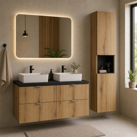 Set mobilier de baie Nova Oak, PAL melaminat, stejar evoke, blat negru mat, L.100 cm, lavoare Gaja, dulap inalt H.140 cm, SET-NOA B BLACK 100CM S UN GAJA SW HC