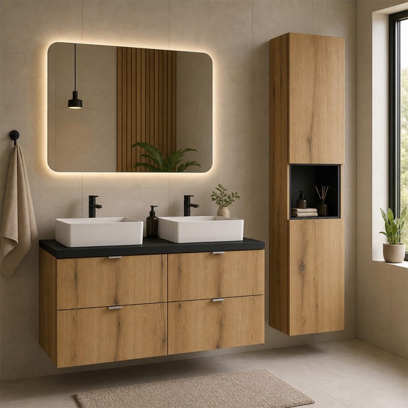 Set mobilier de baie Nova Oak, PAL melaminat, stejar evoke, blat negru mat, L.100 cm, lavoare Gaja, dulap inalt H.140 cm, SET-NOA B BLACK 100CM S UN GAJA SW HC
