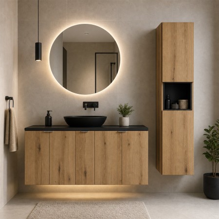 Set mobilier de baie Nova Oak, PAL melaminat, stejar evoke, blat negru mat, L.140 cm, dulap inalt H.140 cm, SET-NOA B BLACK 140CM D HC