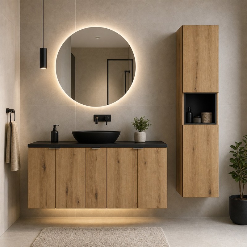Set mobilier de baie Nova Oak, PAL melaminat, stejar evoke, blat negru mat, L.140 cm, dulap inalt H.140 cm, SET-NOA B BLACK 140CM D HC
