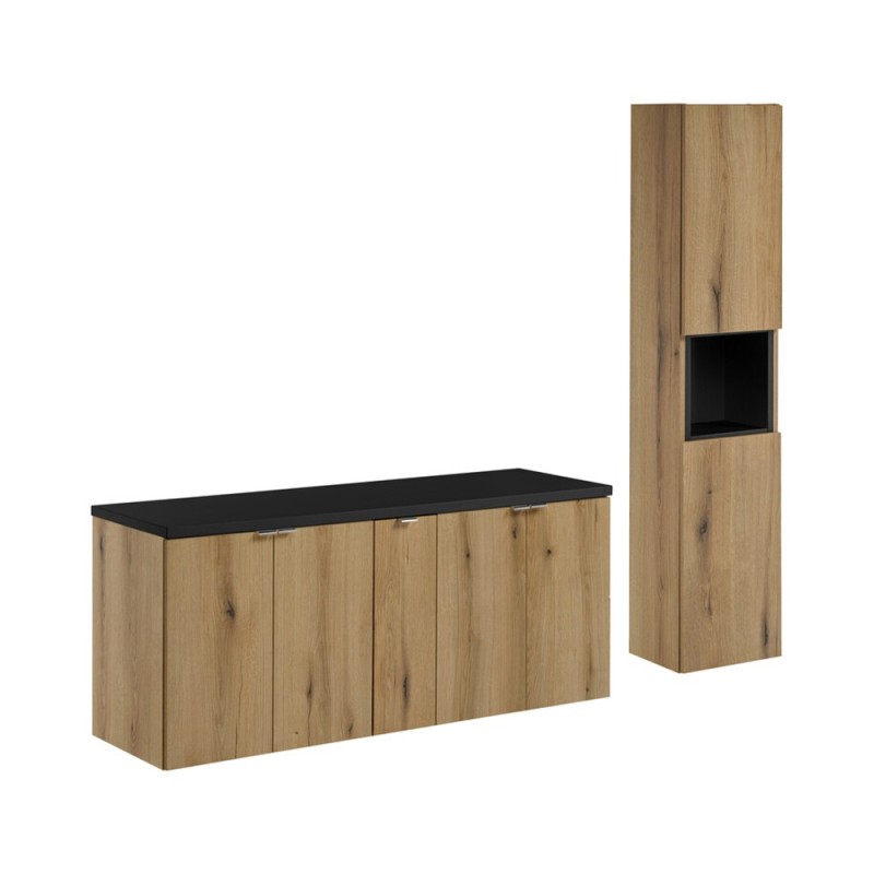 Set mobilier de baie Nova Oak, PAL melaminat, stejar evoke, blat negru mat, L.140 cm, dulap inalt H.140 cm, SET-NOA B BLACK 140CM D HC