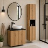 Set mobilier de baie Nova Oak, PAL melaminat, stejar evoke, blat negru mat, L.60 cm, lavoar Wiki, dulap inalt H.140 cm, SET-NOA B BLACK 60CM D UN WIKI SW HC