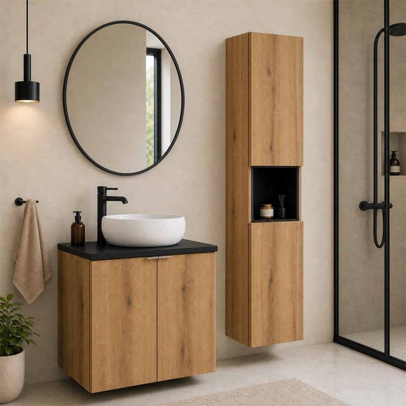 Set mobilier de baie Nova Oak, PAL melaminat, stejar evoke, blat negru mat, L.60 cm, lavoar Wiki, dulap inalt H.140 cm, SET-NOA B BLACK 60CM D UN WIKI SW HC