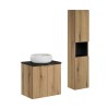 Set mobilier de baie Nova Oak, PAL melaminat, stejar evoke, blat negru mat, L.60 cm, lavoar Wiki, dulap inalt H.140 cm, SET-NOA B BLACK 60CM D UN WIKI SW HC