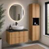 Set mobilier de baie Nova Oak, PAL melaminat, stejar evoke, blat negru mat, L.60 cm, lavoar Wiki, dulap inalt H.140 cm, SET-NOA B BLACK 60CM S UN WIKI SW HC