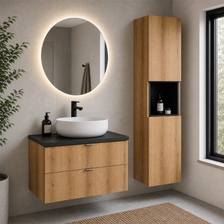 Set mobilier de baie Nova Oak, PAL melaminat, stejar evoke, blat negru mat, L.60 cm, lavoar Wiki, dulap inalt H.140 cm, SET-NOA B BLACK 60CM S UN WIKI SW HC