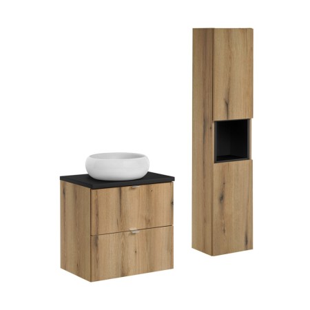 Set mobilier de baie Nova Oak, PAL melaminat, stejar evoke, blat negru mat, L.60 cm, lavoar Wiki, dulap inalt H.140 cm, SET-NOA B BLACK 60CM S UN WIKI SW HC