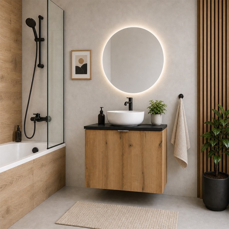 Set mobilier de baie Nova Oak, PAL melaminat, stejar evoke, blat negru mat, L.80 cm, SET-NOA B BLACK 80CM D