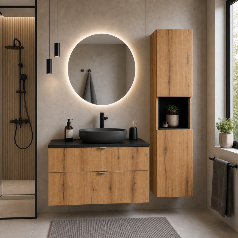 Set mobilier de baie Nova Oak, PAL melaminat, stejar evoke, blat negru mat, L.80 cm, dulap inalt H.140 cm, SET-NOA B BLACK 80CM S HC