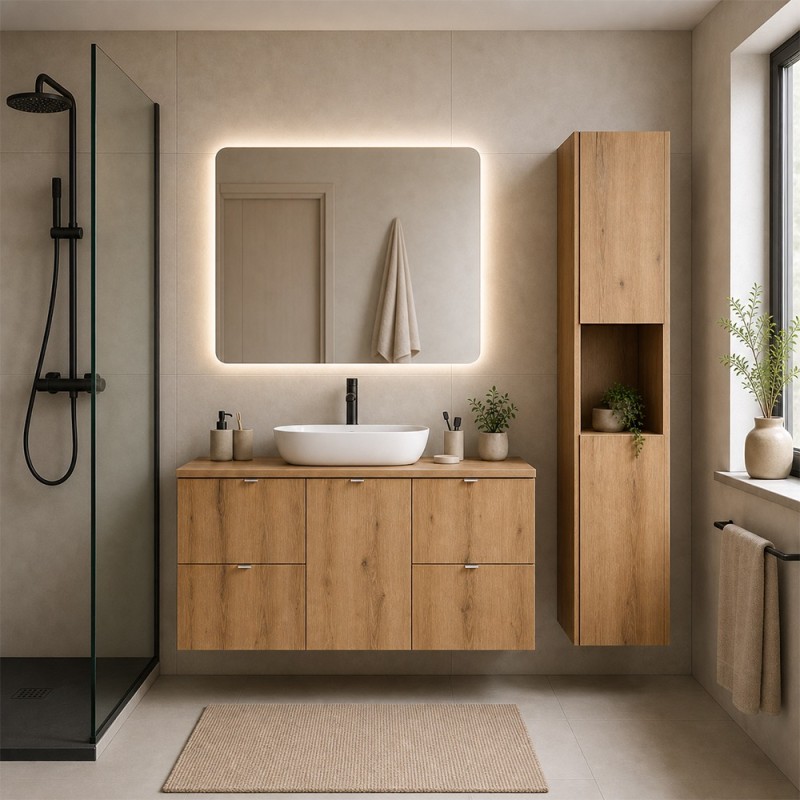 Set mobilier de baie Nova Oak, PAL melaminat, stejar evoke, blat stejar evoke, L.140 cm, dulap inalt H.140 cm, SET-NOA B OAK 140CM S HC