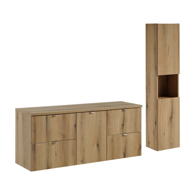Set mobilier de baie Nova Oak, PAL melaminat, stejar evoke, blat stejar evoke, L.140 cm, dulap inalt H.140 cm, SET-NOA B OAK 140CM S HC