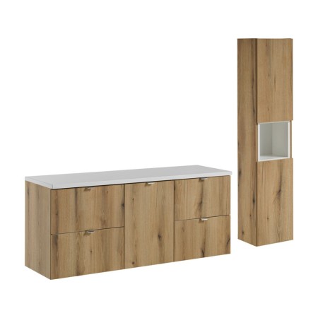 Set mobilier de baie Nova Oak, PAL melaminat, stejar evoke, blat alb mat, L.140 cm, dulap inalt H.140 cm, SET-NOA B WHITE 140CM S HC
