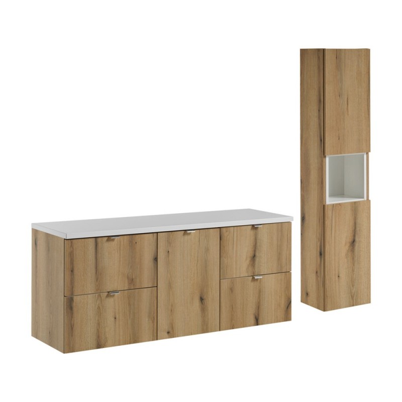 Set mobilier de baie Nova Oak, PAL melaminat, stejar evoke, blat alb mat, L.140 cm, dulap inalt H.140 cm, SET-NOA B WHITE 140CM S HC