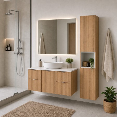 Set mobilier de baie Nova Oak, PAL melaminat, stejar evoke, blat alb mat, L.140 cm, dulap inalt H.140 cm, SET-NOA B WHITE 140CM S HC
