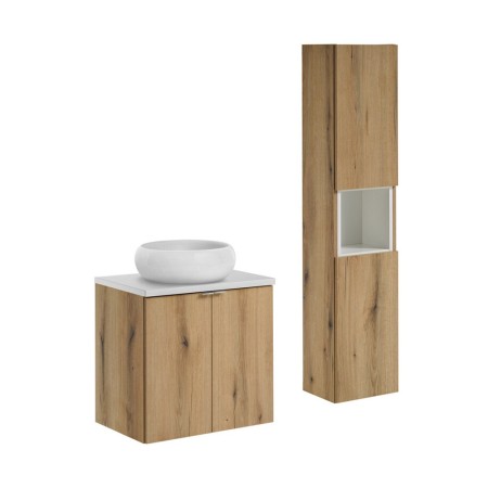Set mobilier de baie Nova Oak, PAL melaminat, stejar evoke, blat alb mat, L.60 cm, lavoar Wiki, dulap inalt H.140 cm, SET-NOA B WHITE 60CM D UN WIKI SW HC