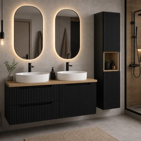 Set mobilier de baie Nova Black, MDF, PAL melaminat, negru mat, blat stejar evoke, L.120 cm, lavoare Beyond, dulap inalt H.140 cm, SET-NOB B OAK 120CM UN BEYOND 5 WH HC