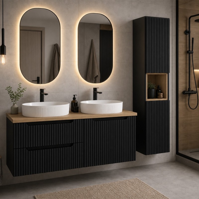 Set mobilier de baie Nova Black, MDF, PAL melaminat, negru mat, blat stejar evoke, L.120 cm, lavoare Beyond, dulap inalt H.140 cm, SET-NOB B OAK 120CM UN BEYOND 5 WH HC