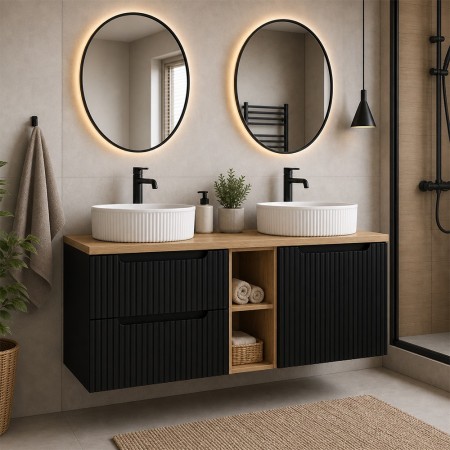 Set mobilier de baie Nova Black, MDF, PAL melaminat, negru mat, blat stejar evoke, L.140 cm, lavoare Beyond, SET-NOB B OAK 140CM UN BEYOND WH LR