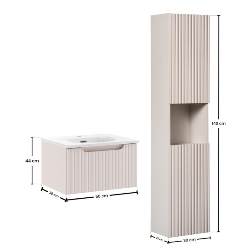 Set mobilier de baie Nova Cashmere, MDF, PAL melaminat, cashmir mat, lavoar Sky, L.50 cm, dulap inalt H.140 cm, SET-NOC 50CM 1S SKY 3 HC