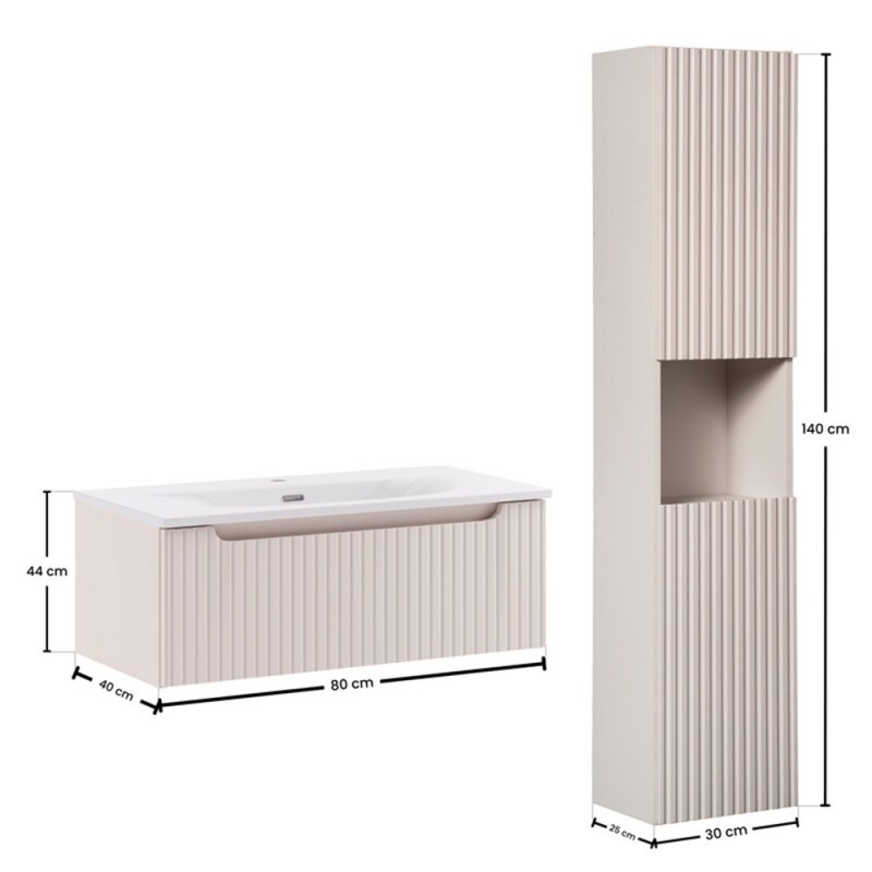 Set mobilier de baie Nova Cashmere, MDF, PAL melaminat, cashmir mat, lavoar Sky, L.80 cm, dulap inalt H.140 cm, SET-NOC 80CM 1S SKY 3 HC