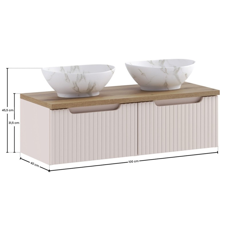 Set mobilier de baie Nova Cashmere, MDF, PAL melaminat, cashmir mat, blat stejar evoke, L.100 cm, lavoare Pati, SET-NOC B OAK 100CM 1S UN PATI