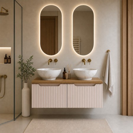 Set mobilier de baie Nova Cashmere, MDF, PAL melaminat, cashmir mat, blat stejar evoke, L.100 cm, lavoare Pati, SET-NOC B OAK 100CM 1S UN PATI