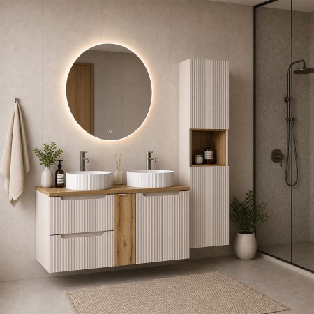 Set mobilier de baie Nova Cashmere, MDF, PAL melaminat, cashmir mat, blat stejar evoke, L.140 cm, lavoare Beyond, dulap inalt H.140 cm, SET-NOC B OAK 140CM D/S UN BEYOND 5 WH HC