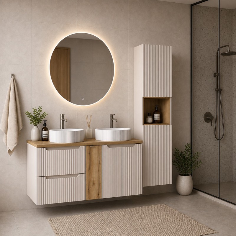 Set mobilier de baie Nova Cashmere, MDF, PAL melaminat, cashmir mat, blat stejar evoke, L.140 cm, lavoare Beyond, dulap inalt H.140 cm, SET-NOC B OAK 140CM D/S UN BEYOND 5 WH HC