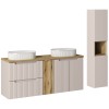 Set mobilier de baie Nova Cashmere, MDF, PAL melaminat, cashmir mat, blat stejar evoke, L.140 cm, lavoare Beyond, dulap inalt H.140 cm, SET-NOC B OAK 140CM D/S UN BEYOND 5 WH HC