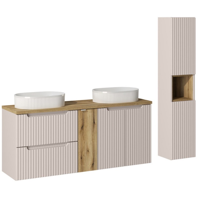 Set mobilier de baie Nova Cashmere, MDF, PAL melaminat, cashmir mat, blat stejar evoke, L.140 cm, lavoare Beyond, dulap inalt H.140 cm, SET-NOC B OAK 140CM D/S UN BEYOND 5 WH HC