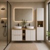 Set mobilier de baie Nova Cashmere, MDF, PAL melaminat, cashmir mat, blat stejar evoke, L.140 cm, lavoare Beyond, dulap inalt H.140 cm, SET-NOC B OAK 140CM UN BEYOND WH HC LR
