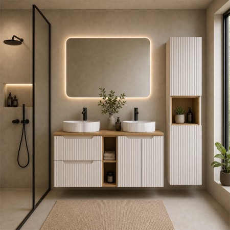 Set mobilier de baie Nova Cashmere, MDF, PAL melaminat, cashmir mat, blat stejar evoke, L.140 cm, lavoare Beyond, dulap inalt H.140 cm, SET-NOC B OAK 140CM UN BEYOND WH HC LR