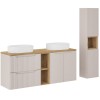 Set mobilier de baie Nova Cashmere, MDF, PAL melaminat, cashmir mat, blat stejar evoke, L.140 cm, lavoare Beyond, dulap inalt H.140 cm, SET-NOC B OAK 140CM UN BEYOND WH HC LR
