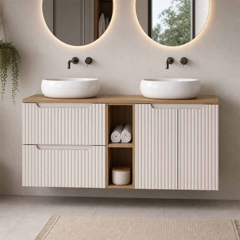 Set mobilier de baie Nova Cashmere, MDF, PAL melaminat, cashmir mat, blat stejar evoke, L.140 cm, lavoare Wiki, SET-NOC B OAK 140CM UN WIKI WH LR