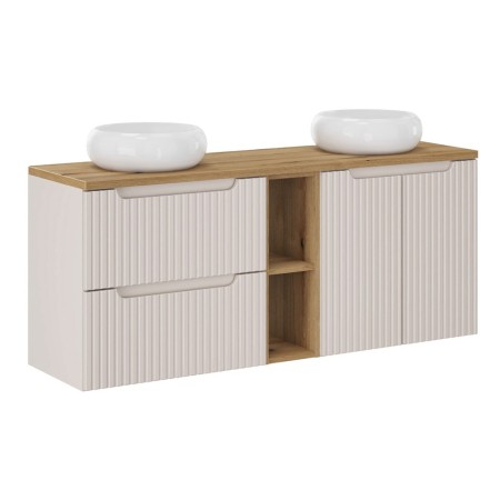 Set mobilier de baie Nova Cashmere, MDF, PAL melaminat, cashmir mat, blat stejar evoke, L.140 cm, lavoare Wiki, SET-NOC B OAK 140CM UN WIKI WH LR