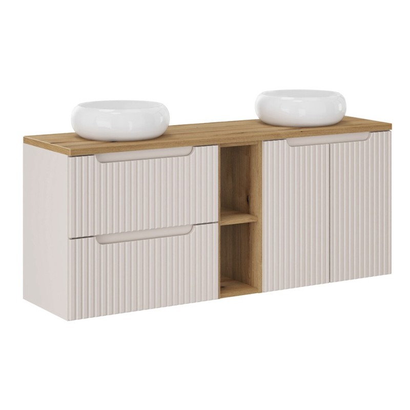 Set mobilier de baie Nova Cashmere, MDF, PAL melaminat, cashmir mat, blat stejar evoke, L.140 cm, lavoare Wiki, SET-NOC B OAK 140CM UN WIKI WH LR