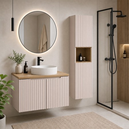 Set mobilier de baie Nova Cashmere, MDF, PAL melaminat, cashmir mat, blat stejar evoke, L.80 cm, lavoar Beyond, dulap inalt H.140 cm, SET-NOC B OAK 80CM D UN BEYOND 5 WH HC